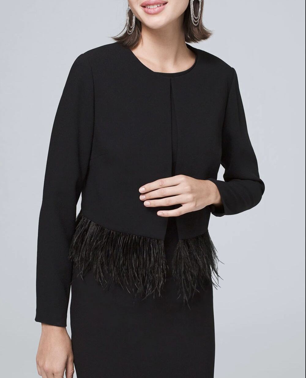 White House Black Market Black Feather Trim Bolero Full Zip Jacket WHBM S Small